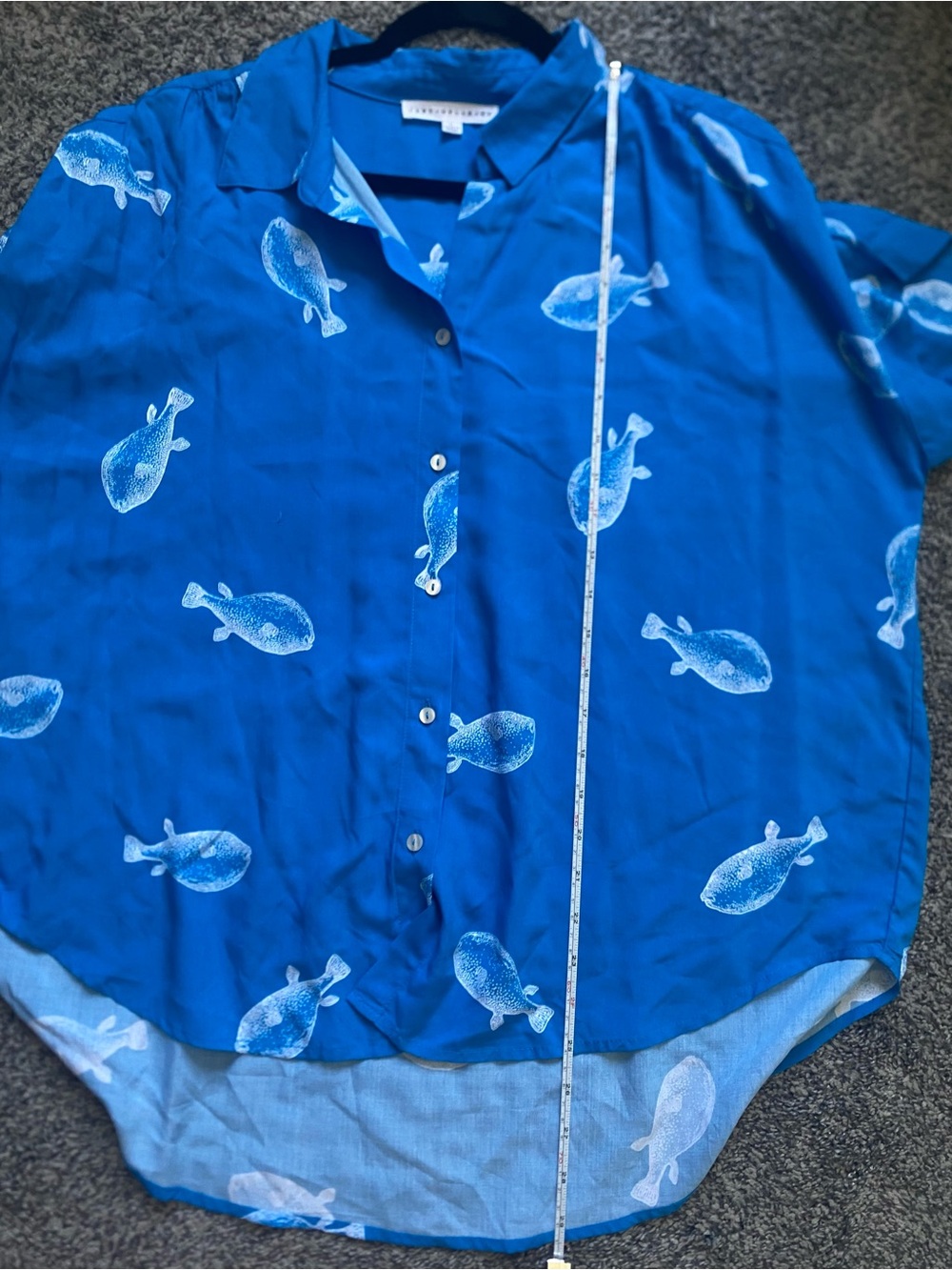 Blue Short Sleeve Lightweight Button-Up Shirt with Bold Fish Print - Picture 10 of 10